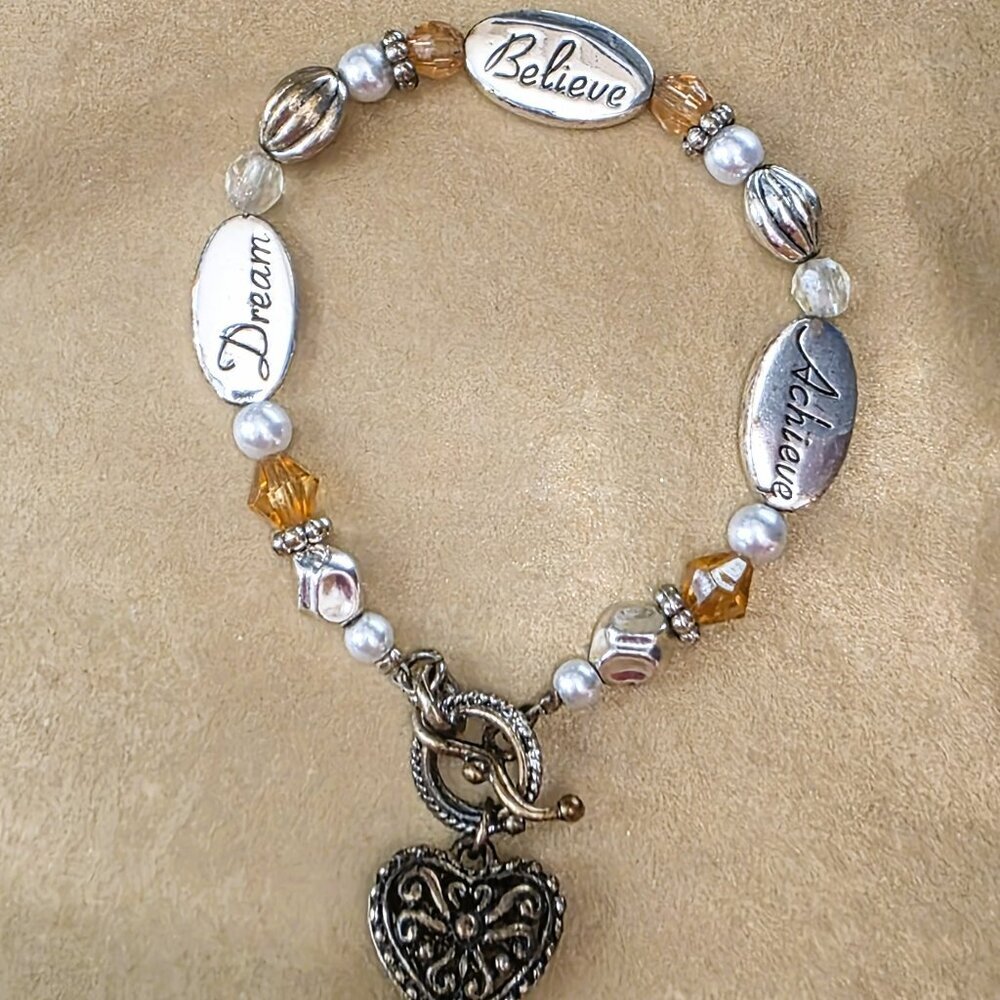 Dream, Believe and Achieve Silver Bracelet with Heart with Pearl Spacer - Picture 2 of 2